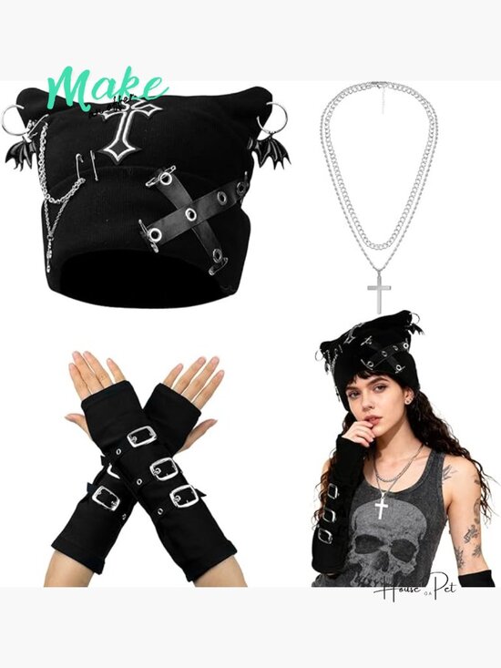 Goth Knitted Beanie with Cat Ears, Fingerless Gloves, and Necklaces Set main image 5